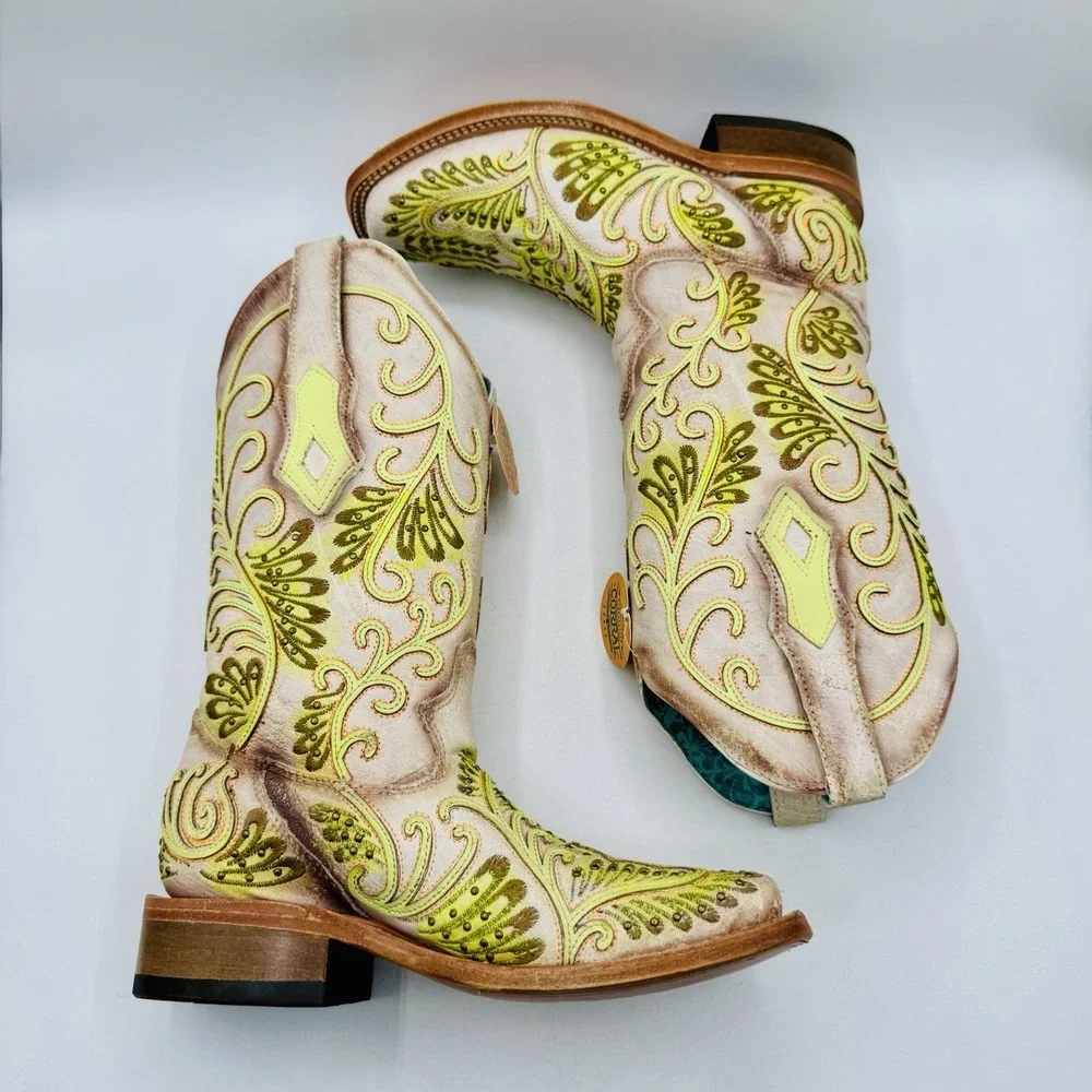 Corral Studded Boots Women's Size 6 M White Floral Green Leather Square Toe‎